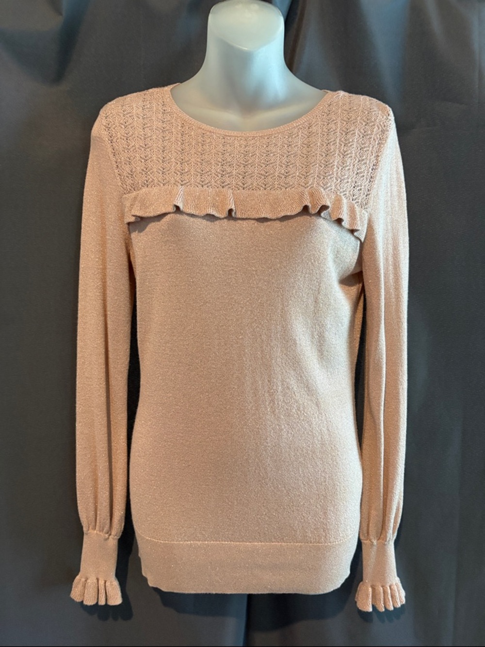 White House Black Market Blush/Rose Gold Sparkles Knit Ruffle Sweater